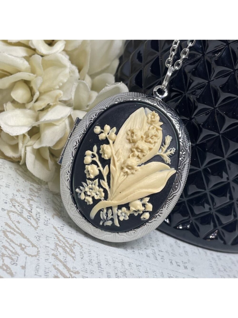 Black Cream Mother birthday Lily of Valley Silver Cameo Locket Wedding Irish